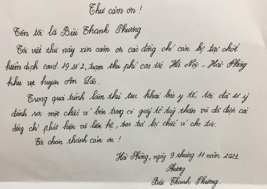 Người dân gửi thư cảm ơn lực lượng liên ngành Chốt kiểm soát dịch bệnh Covid-19 liên ngành số 2 